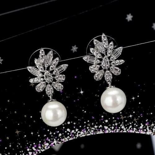 TIRIM Trendy Pearl Dangle Flower Earrings with Cubic Zirconia Luxury Shining For Women Bridal Prom Original Design
