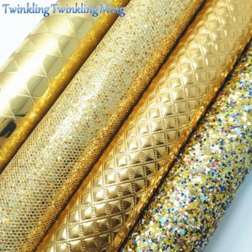 GOLD Glitter Fabric, Plaids Faux Leather Fabric, Diamond Synthetic Leather Sheets For Bow A4 8"x11" Twinkling Ming XM270