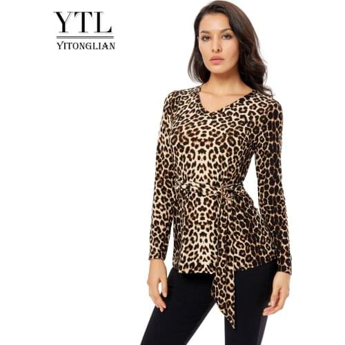YTL V Neck Blouses for Women Leopard Sexy Long Sleeve Animals Pattern Slim Tunic Top With Belt Blouses Shirts H298