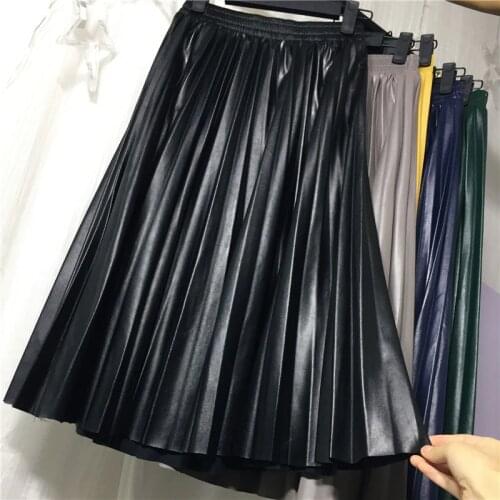 2020 New Women Slim Organ Leather Skirt Pleated Long Skirt Female Pu Leather Pleated Skirt Half-length Retro High-waisted