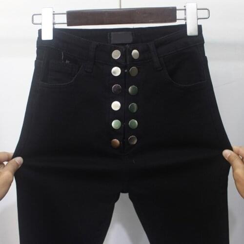 Fashion Women High Waist Button Denim Pants Retro Slim Jeans Fleece Lining Pencil Pants Jeans Female Skinny Trousers Streetwear
