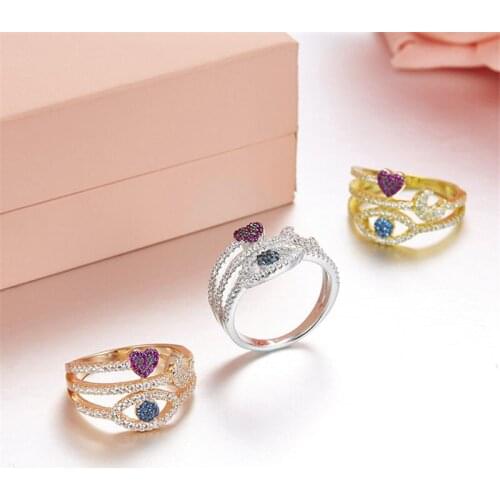 SLJELY S925 Sterling Silver 3 Gold Color Eye Heart Moon Charm Ring Inlaid Cubic Zirconia Women ETE Luxury Brand Design Jewelry