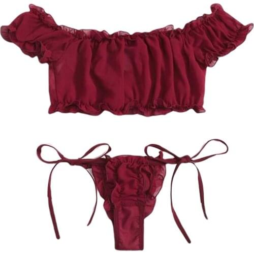 Hot Sale 2 Pcs Ladys Solid Color Sexy Lingerie Set, Falbala Strapless Elastic Short Sleeve Midriff-baring Top Bow Lace-up Thong