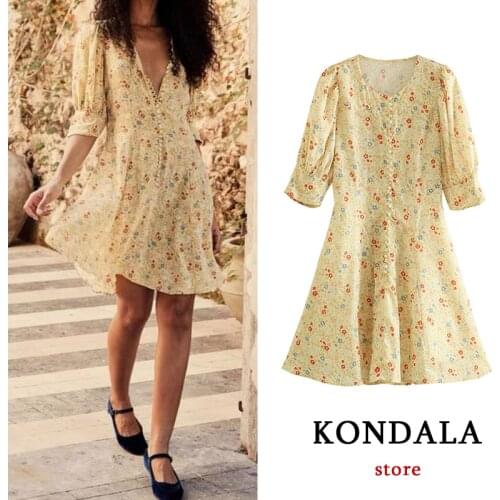 Women Chic Floral Print Vintage Dress Za 2021 V Neck Single Button Three Quarter Sleeve Mini Dress Summer Elegant Vestidos