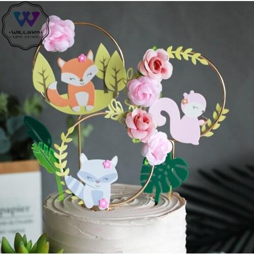 1pcs cute Forest Animal Theme Cake Decoration Fox Squirrel Flower Wreath Garland Cake Topper Child Birthday Party Supplies