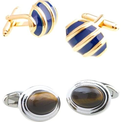 10pairs/lot Copper Oval Blue Enamel Cufflinks Brown Tiger Eye Stone Cuff Links Mens Jewelry Accessory Wholesale