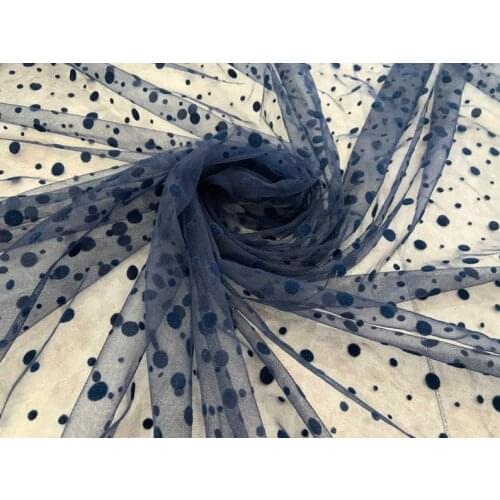 3 yards navy blue tulle fabric with velvet polka dots