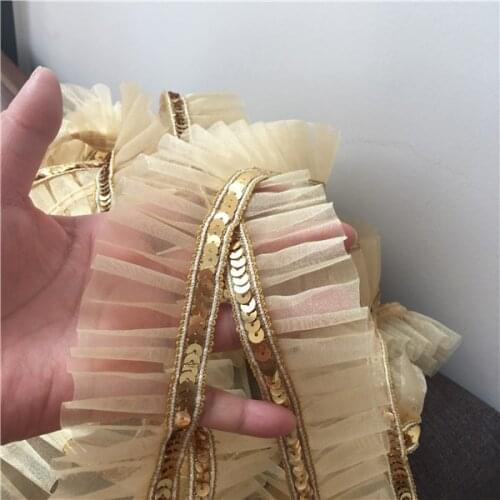 5Y-10Yard/Lot 4.5CM Wide Sequin Gauze Golden Stage Performance Clothing Doll Dress Lace Trim Skirt Accessories