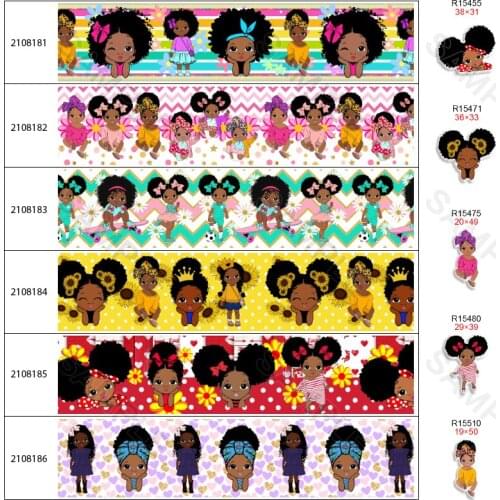 Black Girl Cartoon Character Printed Grosgrain 10 yards Satin Ribbons for Craft DIY Gift Wrapping Butterfly Bow