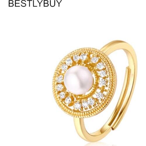 BESTLYBUY 2018 New Design Fashion Pearl Ring Natural Freshwater Pearl Retro Round Rings 925 Sterling Silver Jewelry For Women