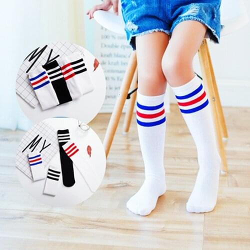 Kids Knee High Socks Girls Boys Football Stripes Cotton Sports School White Socks Skate Children Baby Long Tube Leg Warm