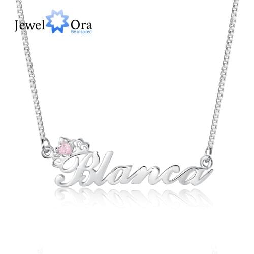 JewelOra 925 Sterling Silver Personalized Crown Nameplate with Birthstone Custom Name Letter Necklace Mothers Day Valentine Gift