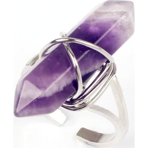 Kraft-beads Silver Plated Wire Wrapped Resizable Hexagon Column Natural Amethysts Purple Crystal Rings For Women Jewelry