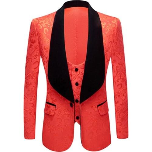 Red Jacquard Blazer 2 Piece Vest Blazers Men Casual Slim Shawl Lapel Suit Wedding Stage Singer Performance Costume Homme