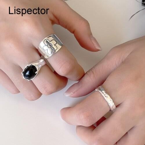 Lispector 925 Sterling Silver Korean Cute Flower Black Agate Ring for Men Women Simple Texture Rings Sets Party Unisex Jewelry