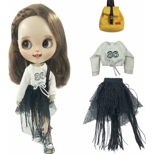 Fashion Long Sleeve Hoodie+Flow must Skirt/Bag for ob24 Blyth,OB24,Azone,Licca Pullip Clothing for 1/6 Doll Accessories