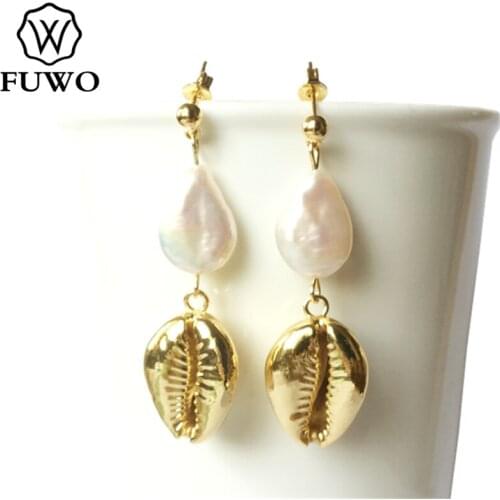 FUWO Fashion Pearl Cowrie Earrings with Gold Filled Natural Freshwater Pearl Seashell Earring For Women Beach Jewelry Gift ER534