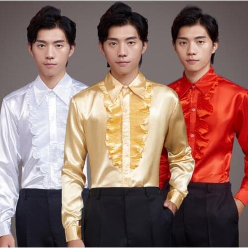 Gold ruffle shirt men long sleeve shirt teenage korean shirt mens personality stage singer dance fashion slim clothes