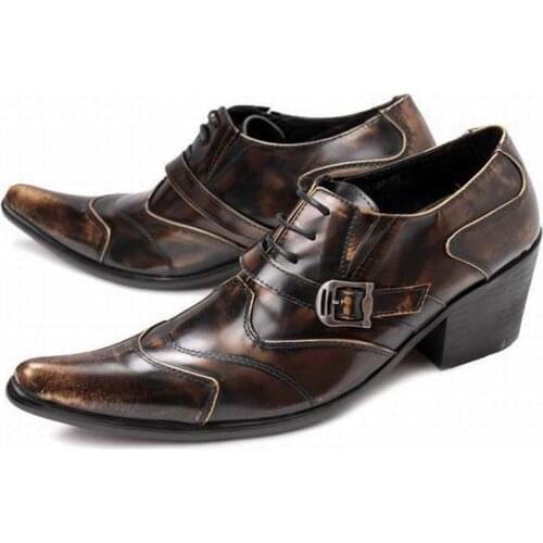 Men luxury genuine leather vintage high heels fashion buckle pointed toe retro men party dress shoes punk rock gentleman oxfords