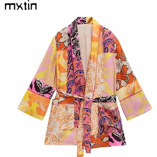 MXTIN 2021 Women Spring Fashion Print Long Blouses Vintage Bow Tie Sashes Long Sleeve Pockets Female Shirts Casual Tops Vestidos