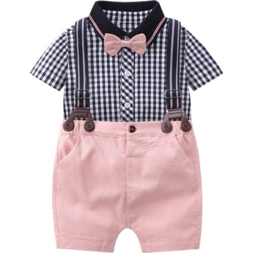 Baby Boy Outfit Clothes Formal Handsome Boys Plaid Romper Pink Overalls Cotton Baby 1 2 Years Birthday Party Gentleman Clothing