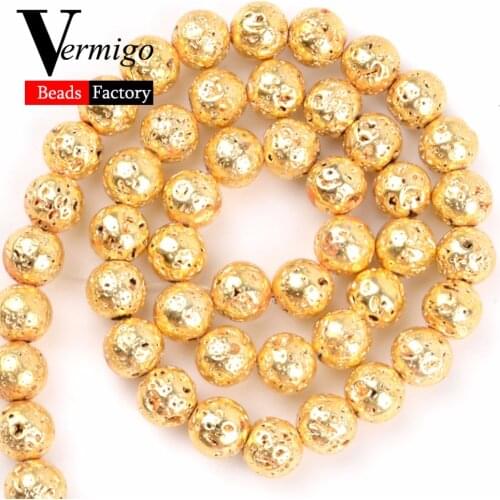 Natural Stone Beads Gold Volcanic Lava Stone Minerals Loose Beads For Jewelry Making 4 6 8 10mm Diy Bracelet Accessories Perles