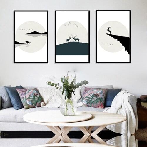 Deer Landscape Nordic Wall Art Canvas Print Pictures Black White Poster Canvas Painting Wall Pictures for Living Room Decor