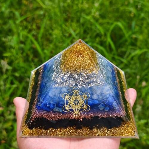 Orgone Pyramid Energy Generator for Healing Throat Chakra -Amazonite Blue Apatite Aquamarine Orgonite Pyramid for EMF Protection