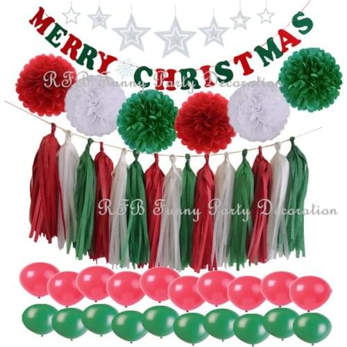 Merry Christmas Ornament Party Decorations Banner Letter Garland Star Hanging Decor Paper Pom Poms Red Green Party Supplies