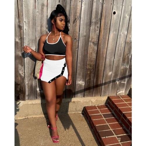 TNNAOFF Sexy 2 Piece Skirt Set for Women Birthday Outfits Sling Strapless Tank Fashion Irregular Button Mini Dress Matching Sets