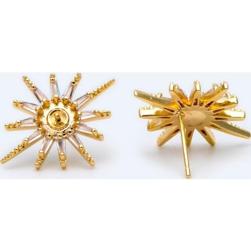 4pcs CZ Paved Sun Ear Posts 19x23mm, Peg Pearl Findings, 18K Real Gold Plated Brass, Geometric Circle Ring Stud Earrings