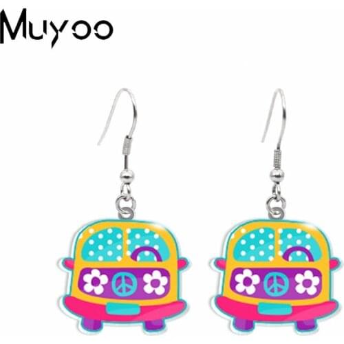 New Fashion Dangle Earrings Hippie Style Bus Guitar Radio Record Peace and Love Sign Epoxy Acrylic Resin Fish Hook Earrings