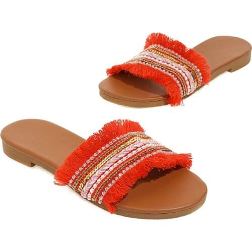 Summer Tassel Outdoor Slides Female Shoes Casual Flats Mules Ladies Sandals New Comfortable Women Flats Slippers Plus Size 35-43