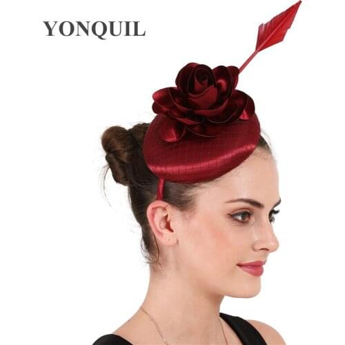 Female Marron Colors Satin Base Hat Fascinators Wedding Event Hats Women Elegant Headwear With Nice Flower Headpiece Hair Clips