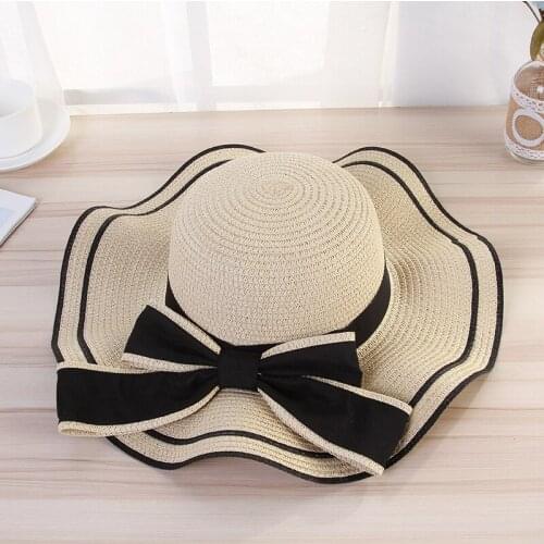 New Summer Womens Boater Beach Hat Wide Side Female Casual Panama Hat Lady Classic Flat Bowknot Straw Sun Hat Women Fedora Gift