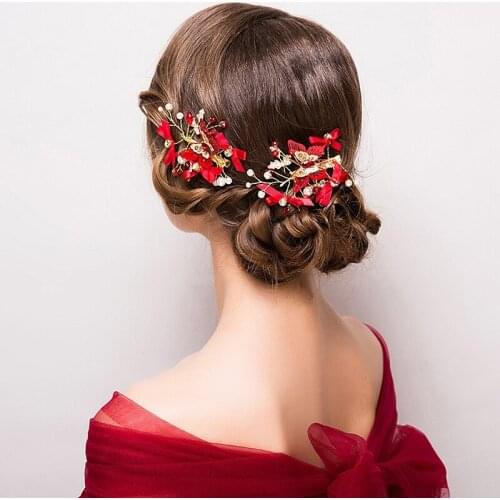Bridal Headwear Red Wedding Flower Butterfly Barrettes Simulated Pearl Hair Accessories Immortal Beauty Clip Fashion Handmade