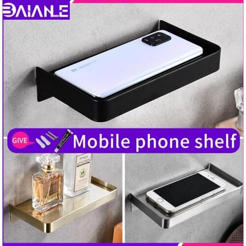 Bathroom shelfs rack stainless steel wall mounted screw free installation black mobile phone shelfs shower toilet roll holder