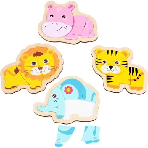 4PCS Kids Wooden Puzzles Kits Toys Montessori Materials Cute Cartoon Animals Jigsaw Puzzle Educational Toys For Children Bricks