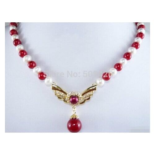 809 Free Shipping 00362+++Genuine White Pearl Red Coral Yellow Crystal Eagle Pendant Necklace