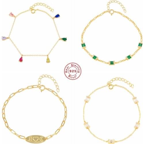 Aide 925 Sterling Silver Colorful Water Drop Zircon Charm Bracelets For Women Square Green Crystal Beads Thick Chain Bracelet