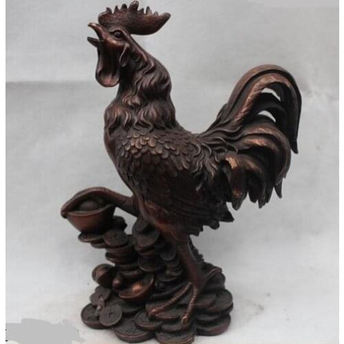 Bi001528 13"Chinese Folk Feng Shui Bronze Gild Wealth Zodiac Year Rooster Cock Statue