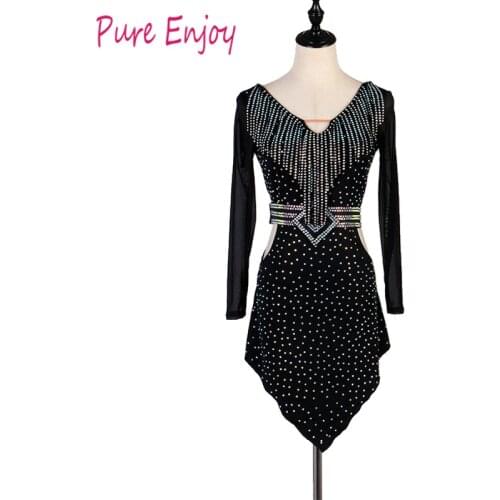 Glitter Rhinestones Latin Dance Dresses For Ladies Black Color Dress Fashion Women Ballroom Competitive Stage Costume