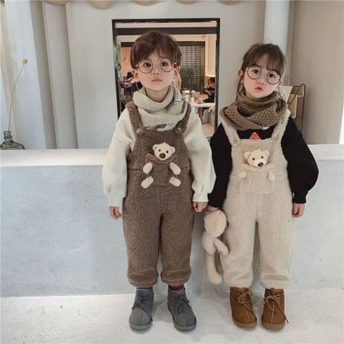XINBAO 12M-6T Baby Boys Girls Trousers Children Pants Jumpsuit Fleece Warm Overalls Fashion Toddler Kids Cute Pocket Bear Autumn
