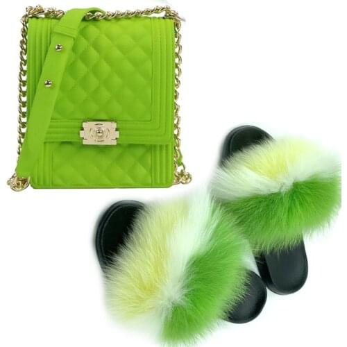 Women Real Fox Fur Slippers Ladies Jelly Bag Sets Shoes Girls Crossbody Purse Cute Fluffy Fur Slides Female Soft Furry Sandals