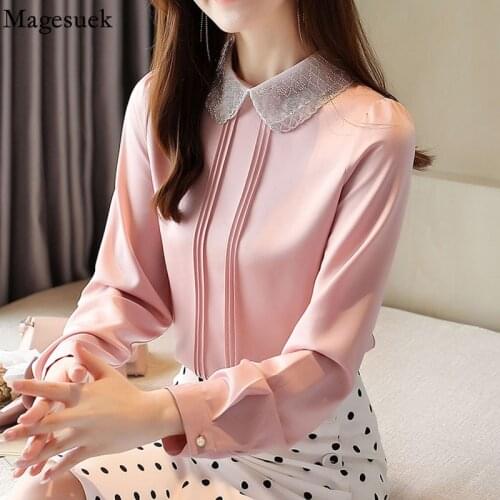 Elegant Beading Long Sleeve Chiffon Blouse Women 2021 Fashion Pink Sweet Women Shirts Doll Collar Office Lady Blusas Tops 12193