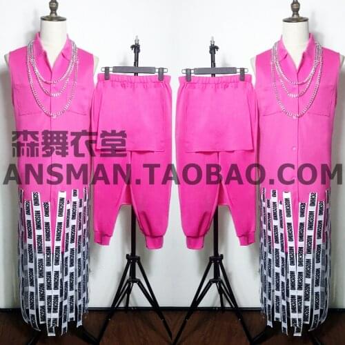 Personality white hip hop letter strap tassel rose red long coat nightclub male singer DJ show party suit costume