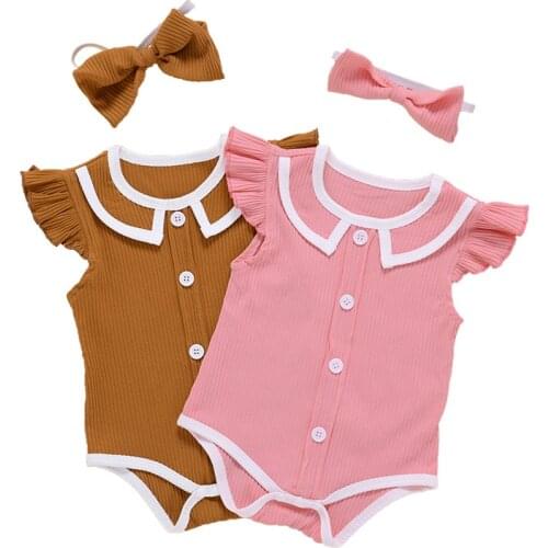 Summer Newborn Infant Baby Girls Romper + Headband Solid Color Baby Clothing