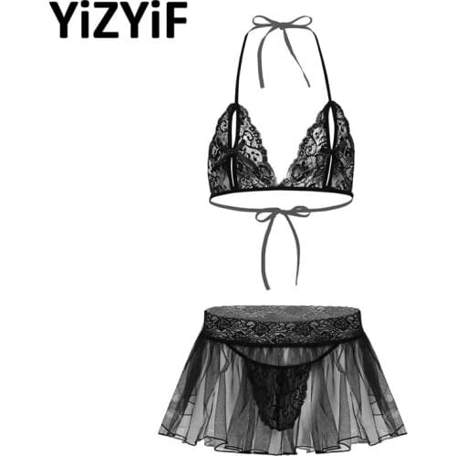 Mens Sissy Lingerie Set Erotic See Through Sheer Lace Underwear Men Nipple Split Bra Top Mini Flared Skirt With Built-in Briefs