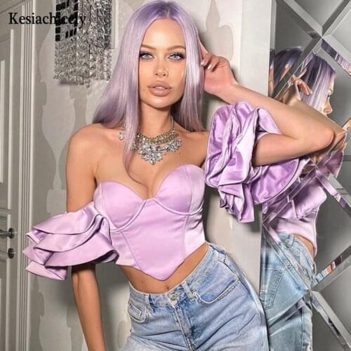 Kesiachiccly Ruffles Off Shouler Crop Top V Neck Backless Cute Tube T-Shirt Back zipper Sexy Club Party Women Summer Tops