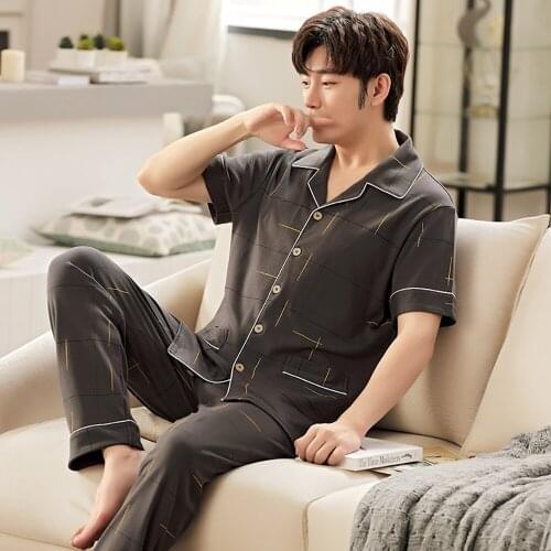 100% Cotton Summer Thin Pijama for Men Casual Lounge Sleepwear Pyjamas Spring Plaid Print Pajamas Sets Male Pijama With Buttons